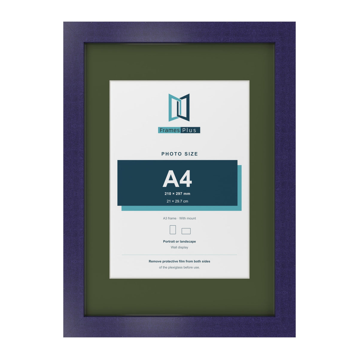 Purple A3 picture frame with a green mount for an A4 photo