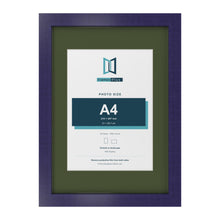 Purple A3 picture frame with a green mount for an A4 photo