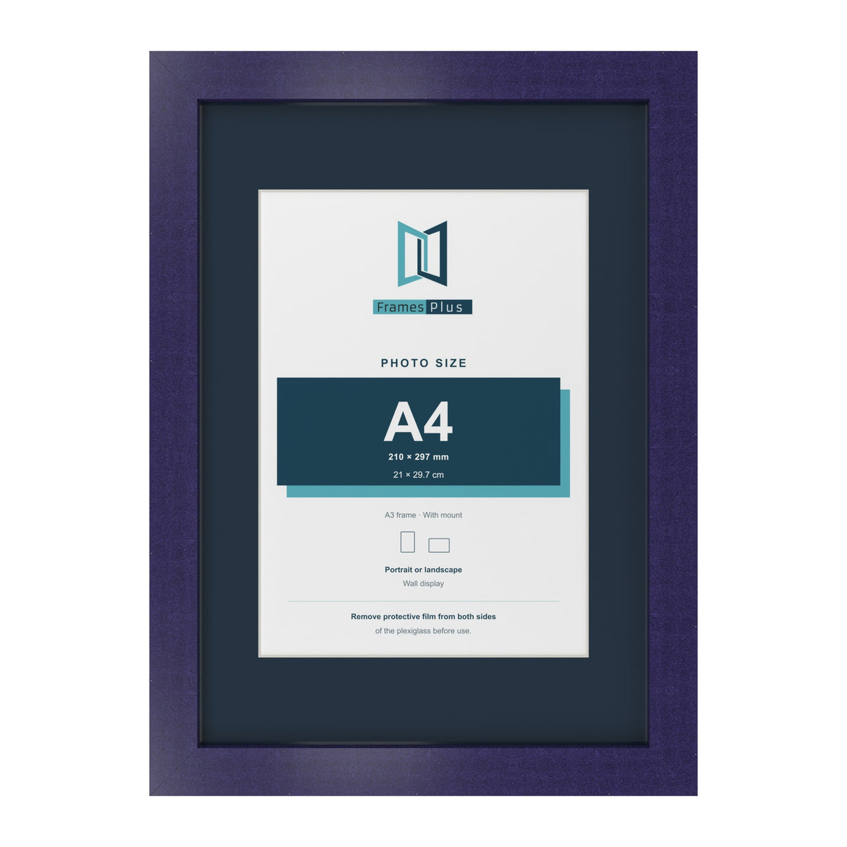 Purple A3 picture frame with a Pacific Blue mount for an A4 photo