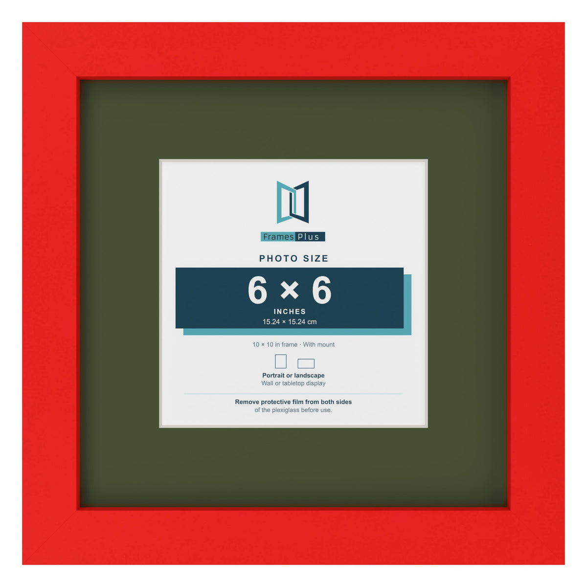 Red 10 x 10 inch picture frame with a green mount for a 6 x 6 inch photo