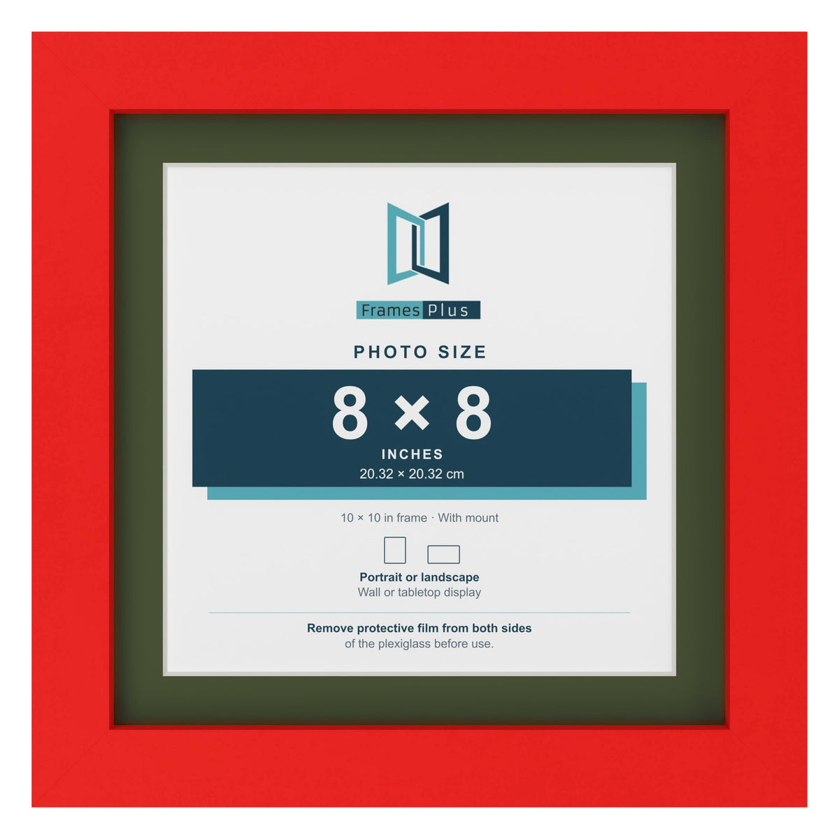 Red 10 x 10 inch picture frame with a green mount for an 8 x 8 inch photo