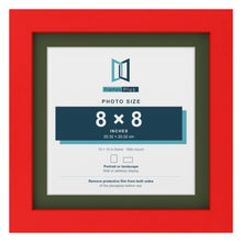 Red 10 x 10 inch picture frame with a green mount for an 8 x 8 inch photo