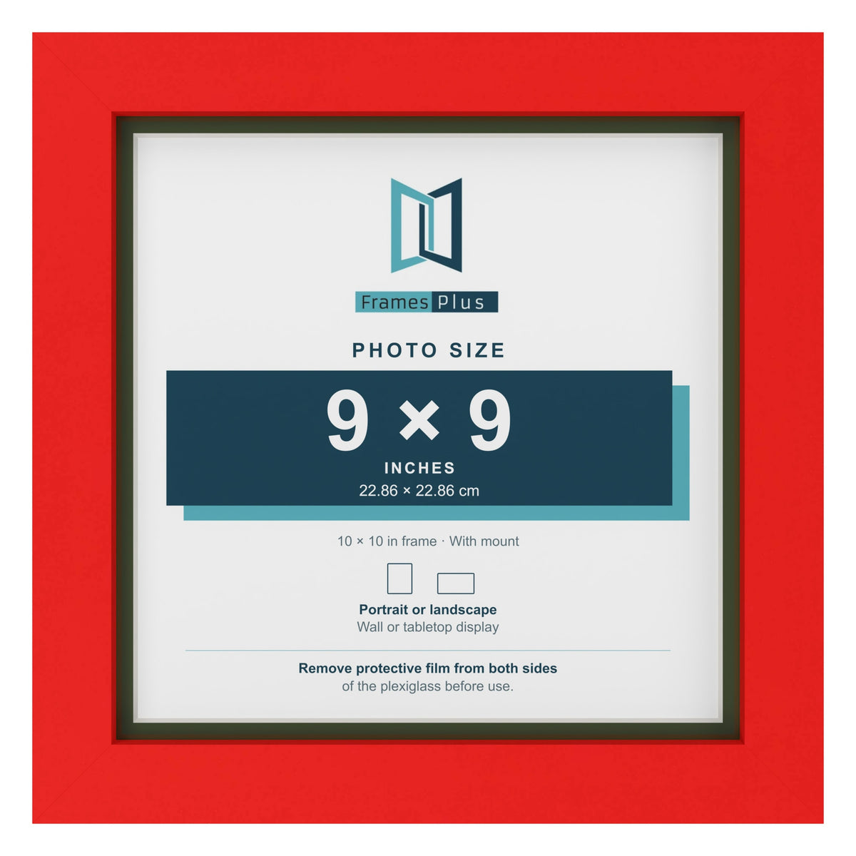 Red 10 x 10 inch picture frame with a green mount for a 9 x 9 inch photo