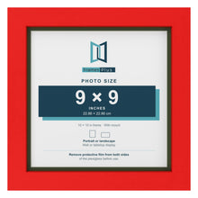 Red 10 x 10 inch picture frame with a green mount for a 9 x 9 inch photo