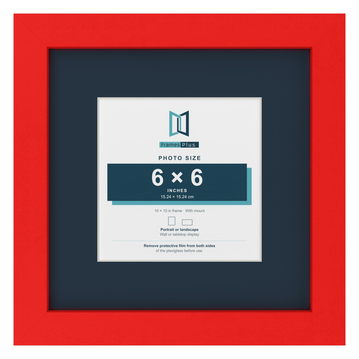 Red 10 x 10 inch picture frame with a Pacific Blue mount for a 6 x 6 inch photo