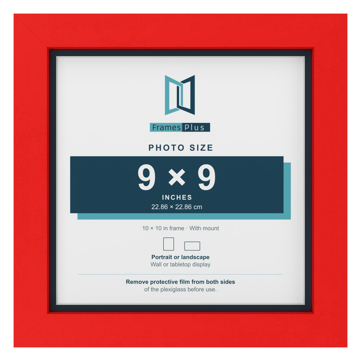 Red 10 x 10 inch picture frame with a Pacific Blue mount for a 9 x 9 inch photo
