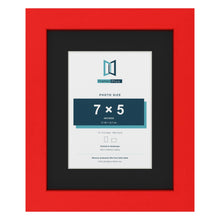 Red 10 x 8 inch picture frame with a black mount for a 7 x 5 inch photo