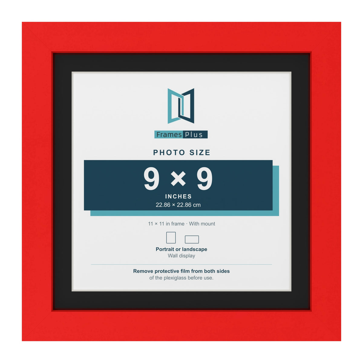 Red 11 x 11 inch picture frame with a black mount for a 9 x 9 inch photo