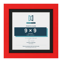Red 11 x 11 inch picture frame with a black mount for a 9 x 9 inch photo
