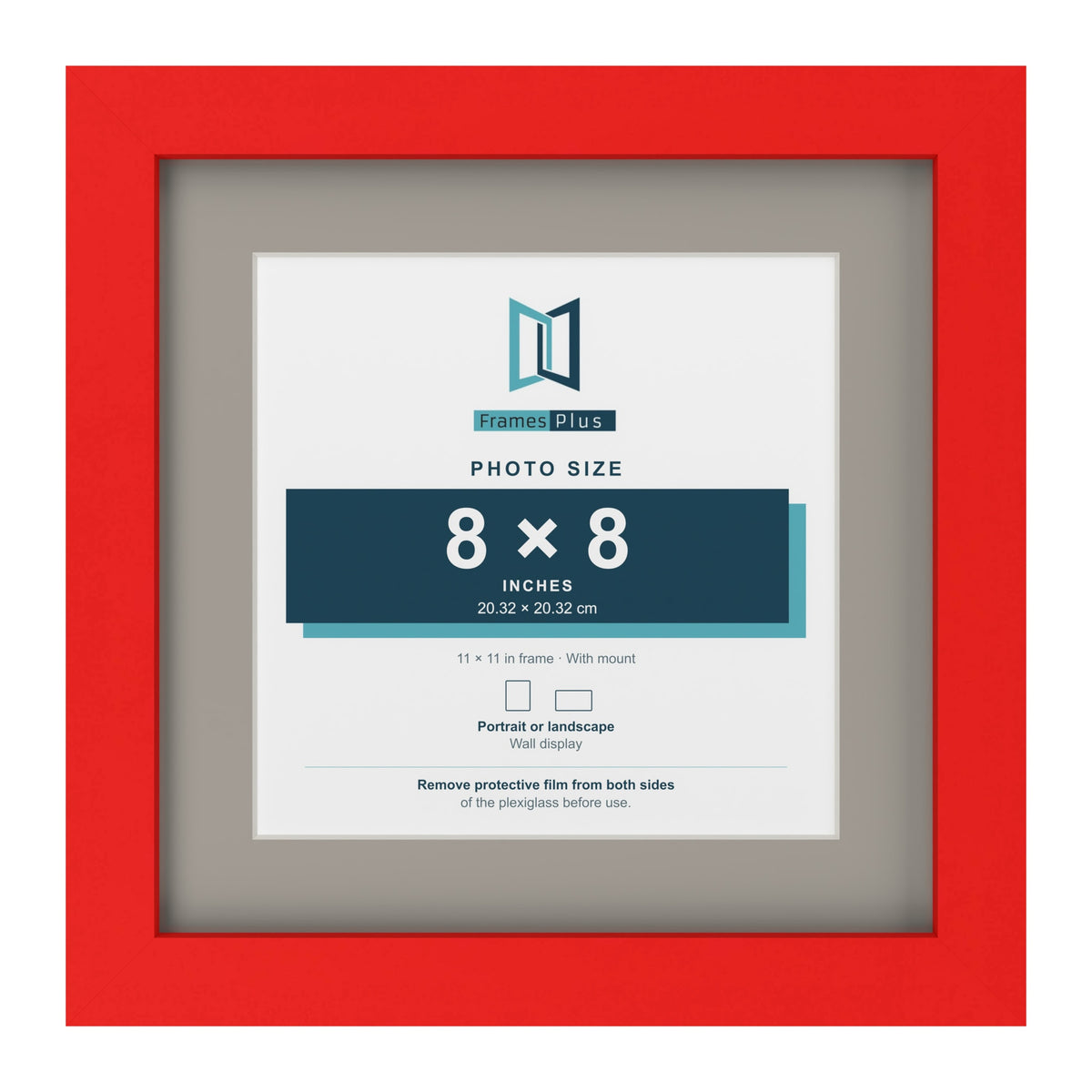Red 11 x 11 inch picture frame with a Dawn Grey mount for an 8 x 8 inch photo