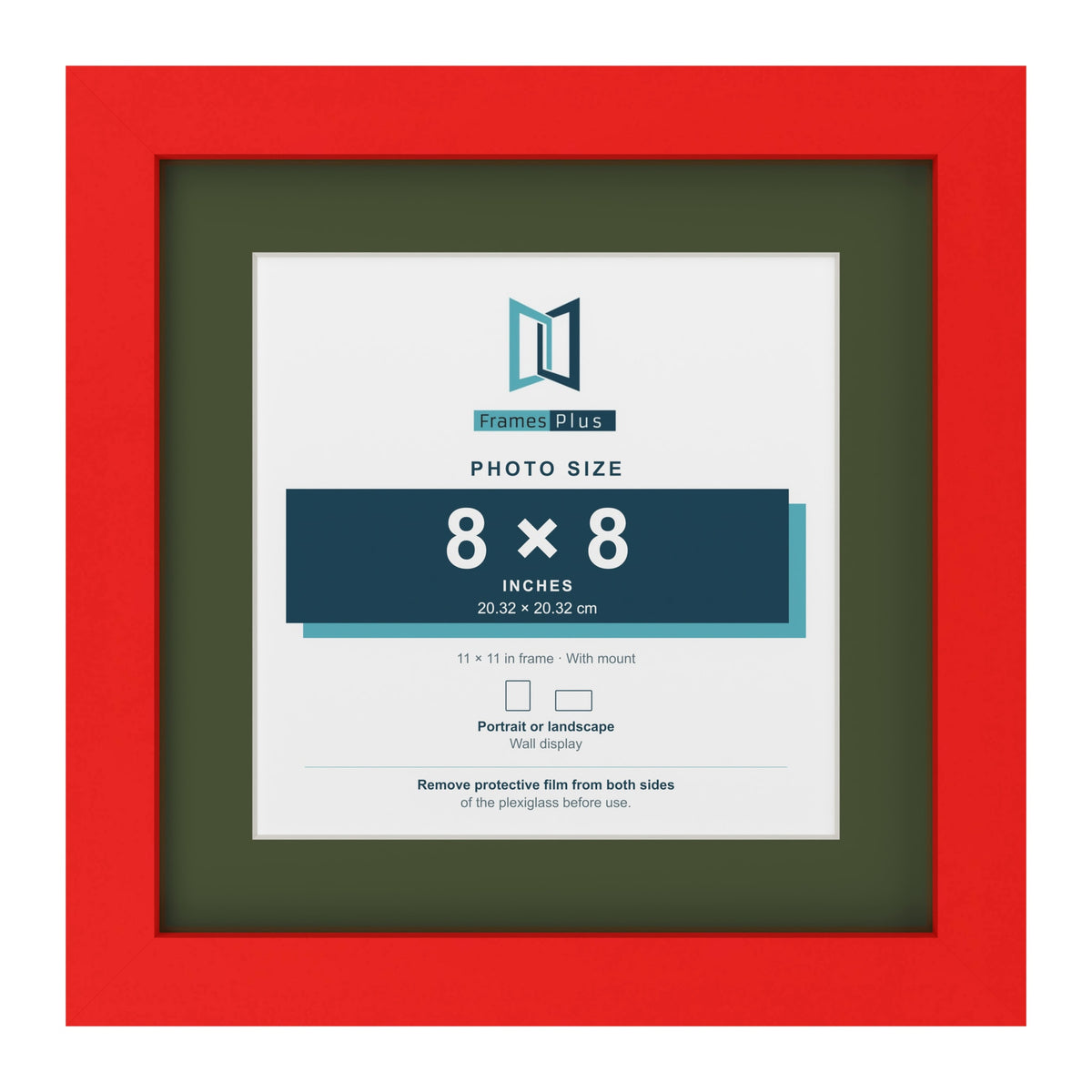 Red 11 x 11 inch picture frame with a green mount for an 8 x 8 inch photo