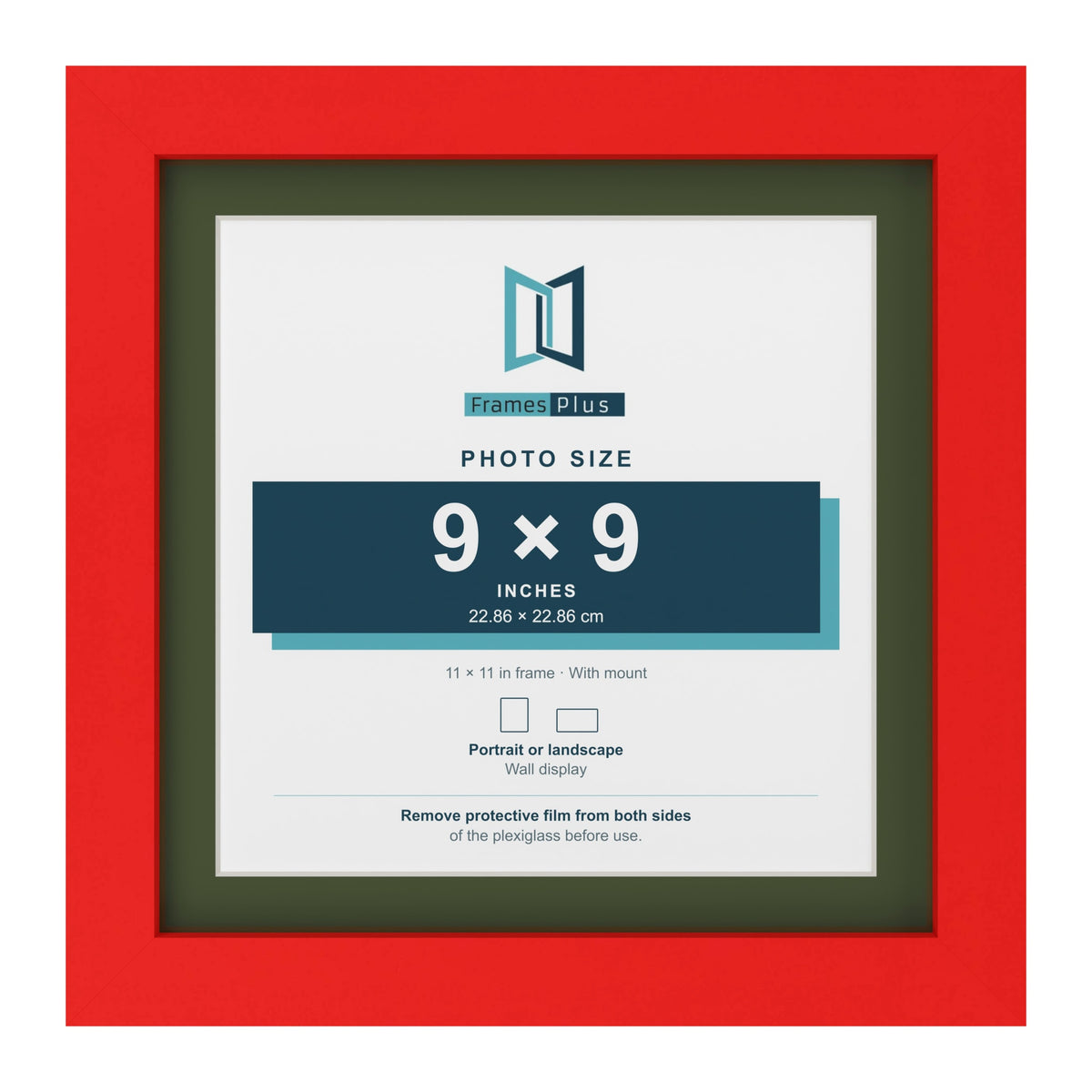 Red 11 x 11 inch picture frame with a green mount for a 9 x 9 inch photo