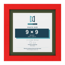 Red 11 x 11 inch picture frame with a green mount for a 9 x 9 inch photo