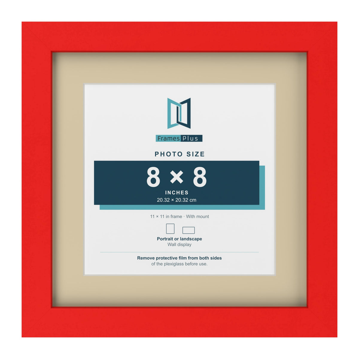 Red 11 x 11 inch picture frame with an ivory mount for an 8 x 8 inch photo