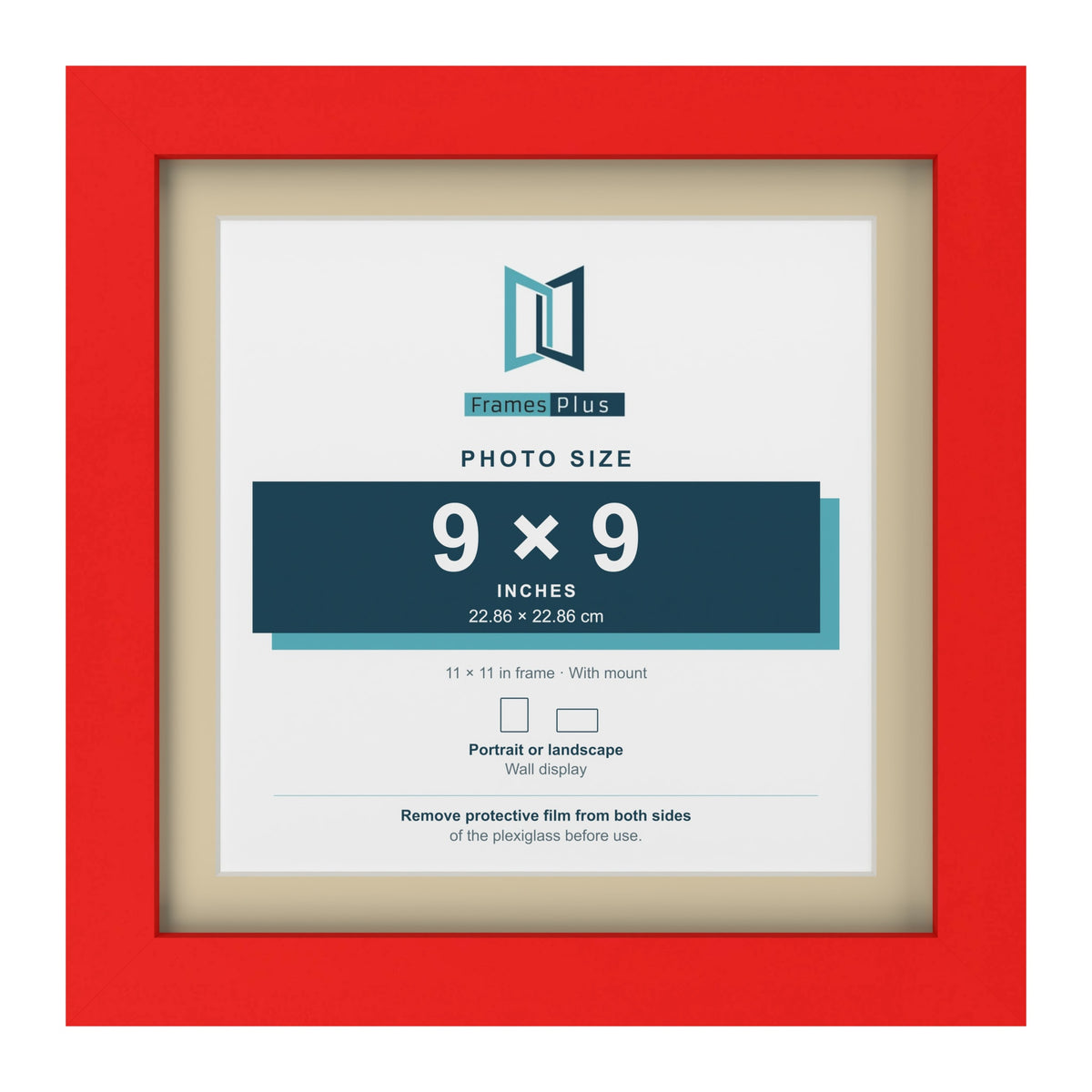 Red 11 x 11 inch picture frame with an ivory mount for a 9 x 9 inch photo