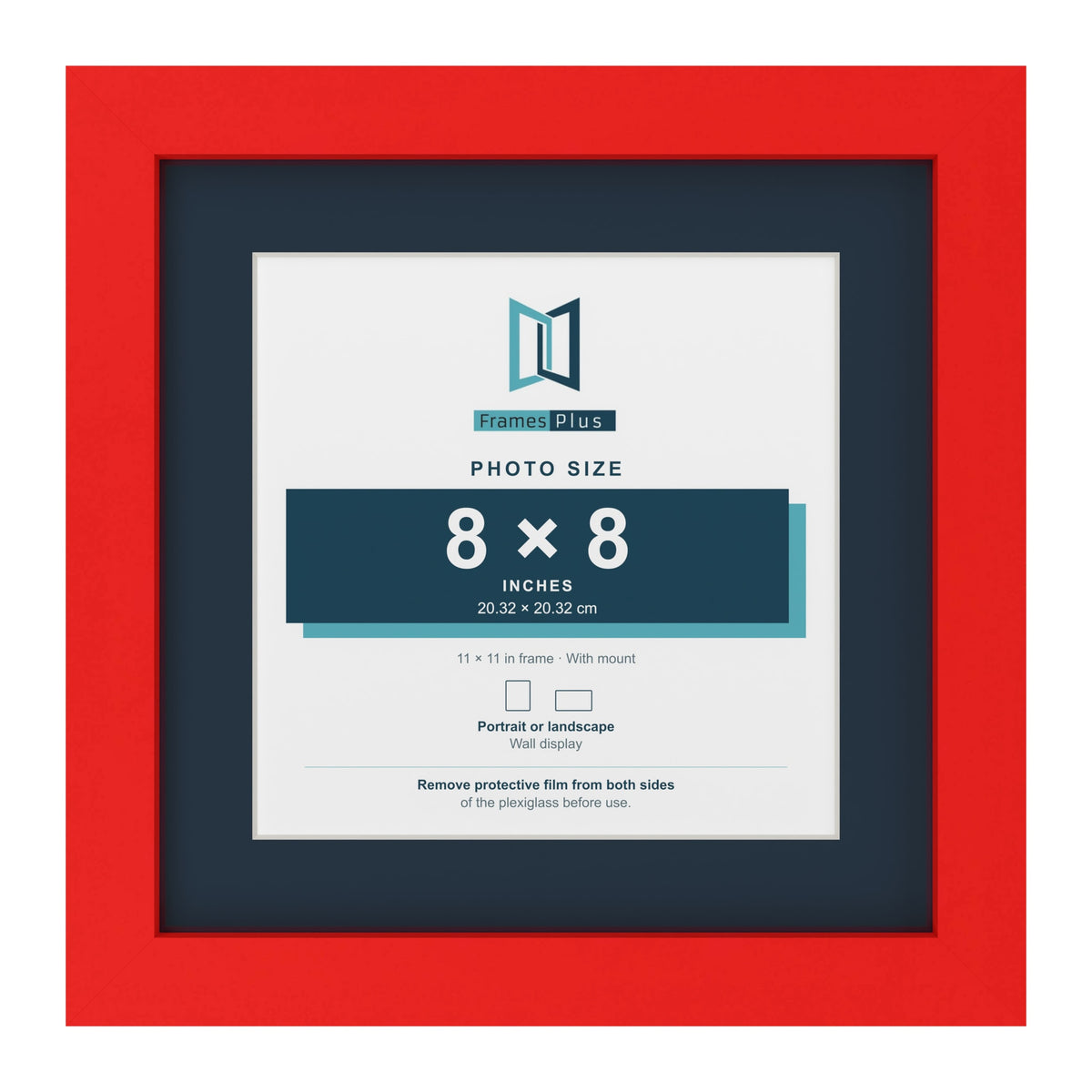 Red 11 x 11 inch picture frame with a Pacific Blue mount for an 8 x 8 inch photo