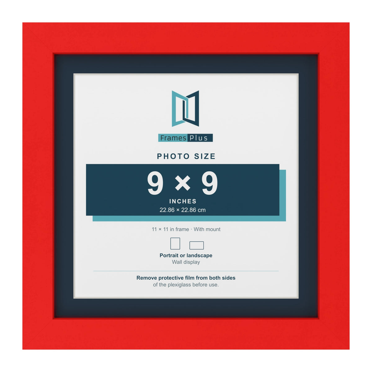 Red 11 x 11 inch picture frame with a Pacific Blue mount for a 9 x 9 inch photo