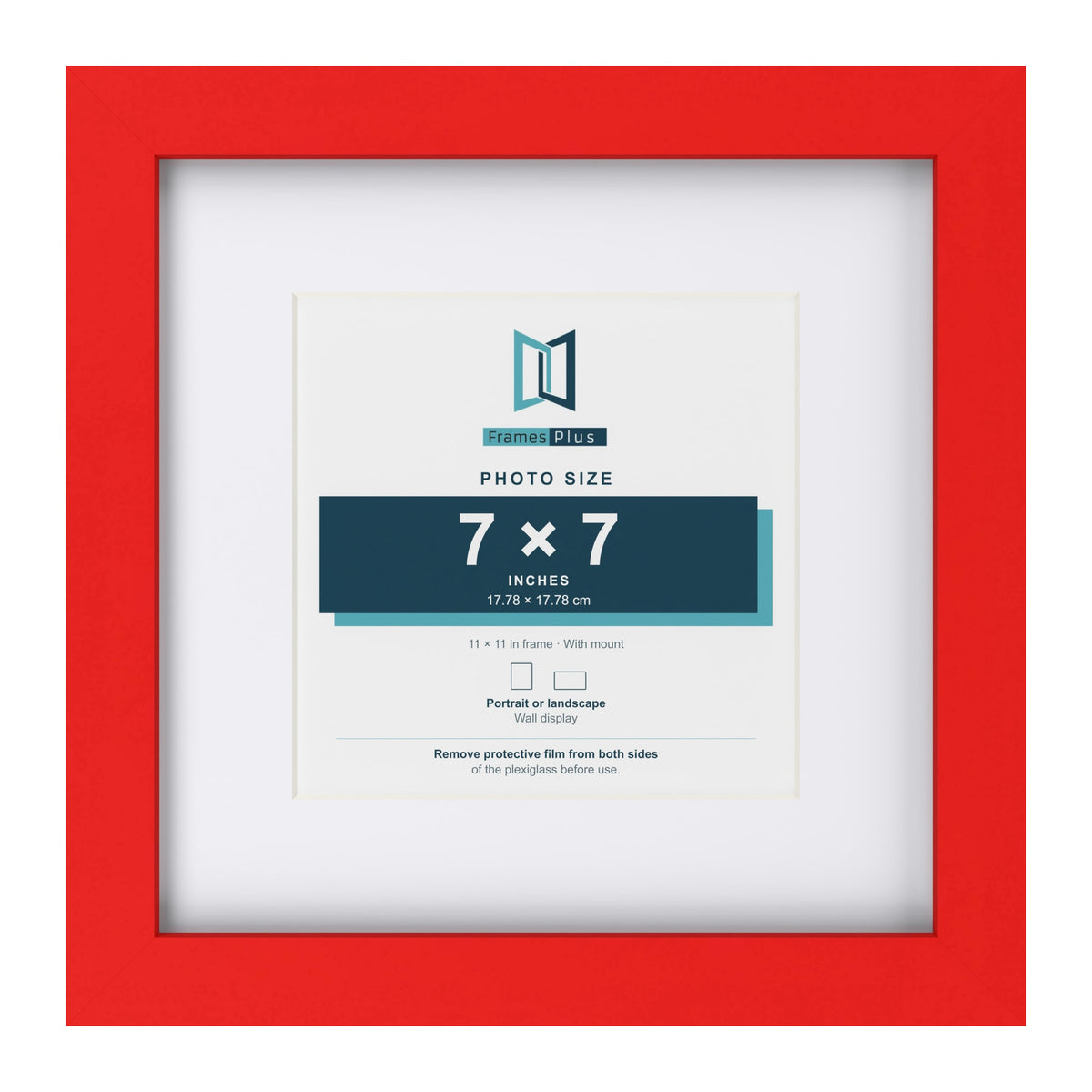 Red 11 x 11 inch picture frame with a white mount for a 7 x 7 inch photo