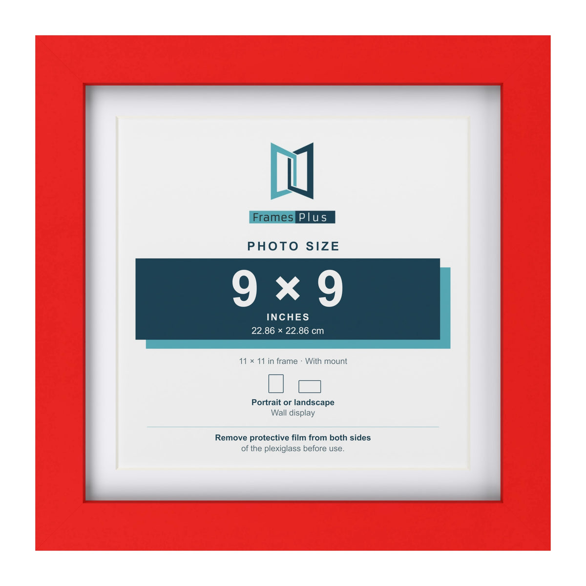 Red 11 x 11 inch picture frame with a white mount for a 9 x 9 inch photo