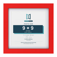 Red 11 x 11 inch picture frame with a white mount for a 9 x 9 inch photo