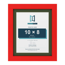 Red 12 x 10 inch picture frame with a green mount for a 10 x 8 inch photo