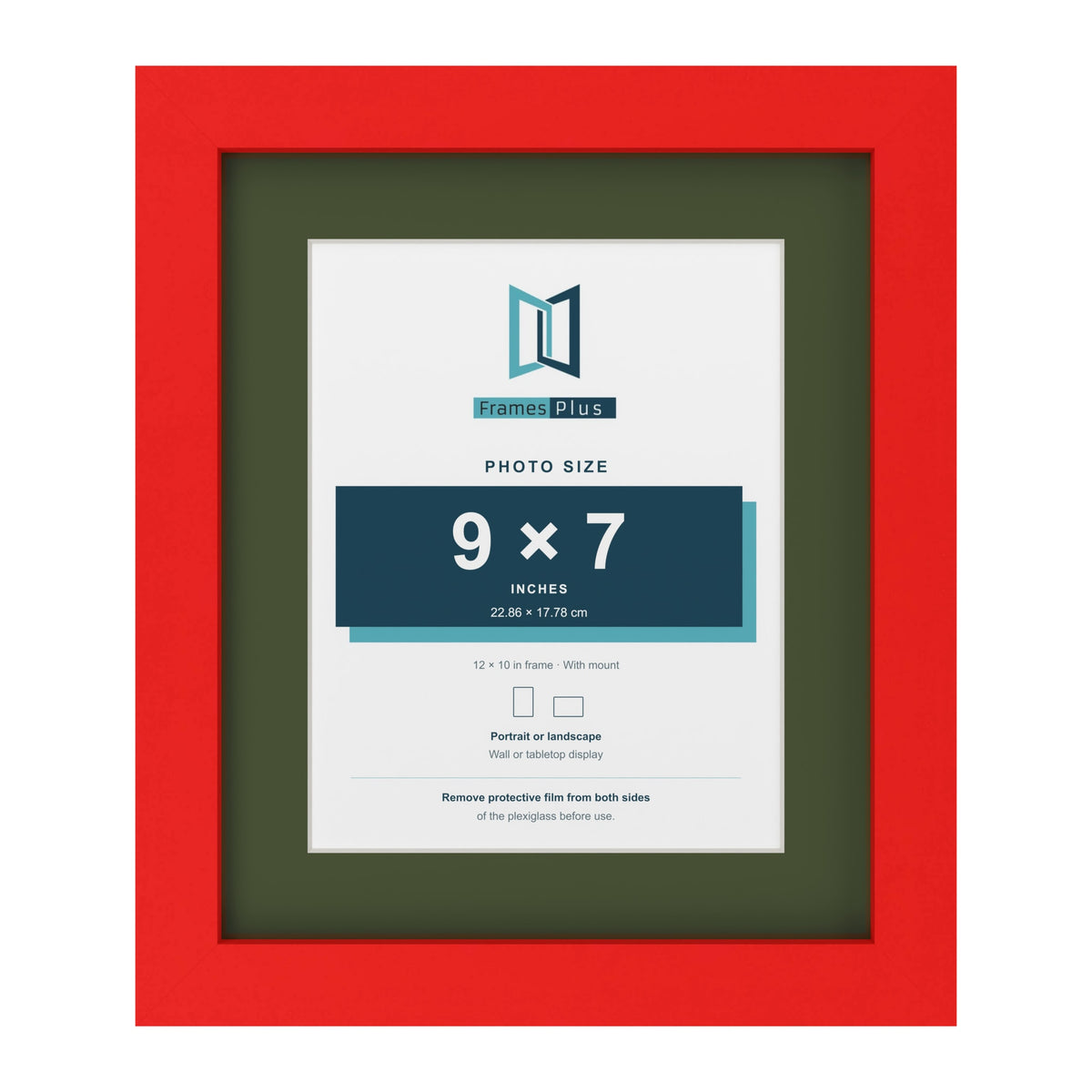 Red 12 x 10 inch picture frame with a green mount for a 9 x 7 inch photo