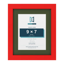 Red 12 x 10 inch picture frame with a green mount for a 9 x 7 inch photo