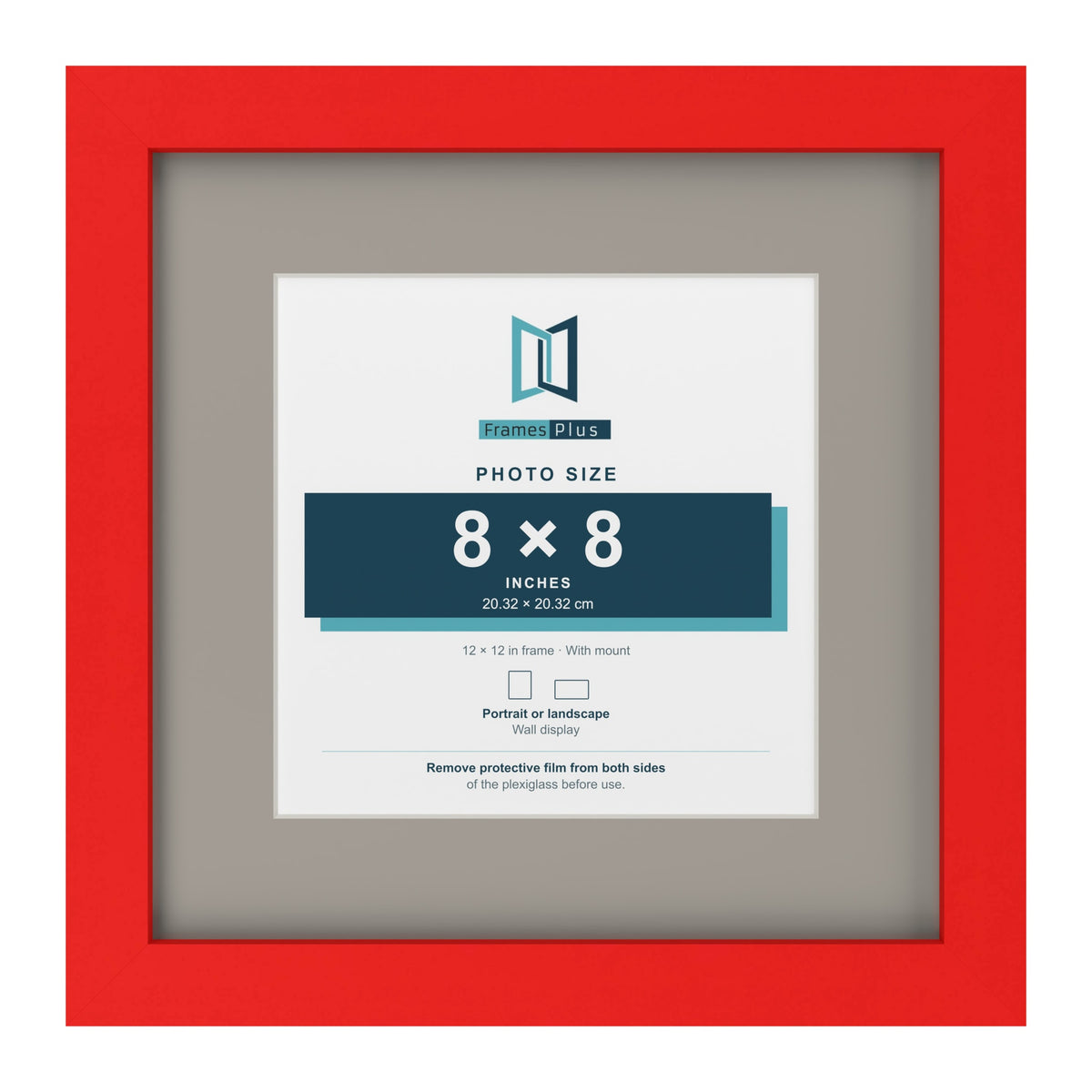 Red 12 x 12 inch picture frame with a Dawn Grey mount for an 8 x 8 inch photo