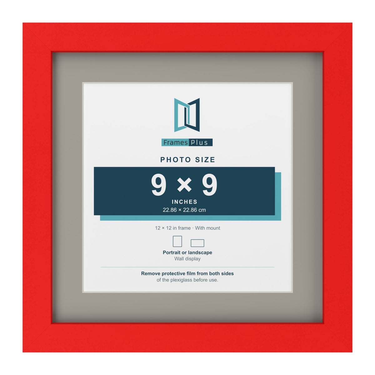 Red 12 x 12 inch picture frame with a Dawn Grey mount for a 9 x 9 inch photo