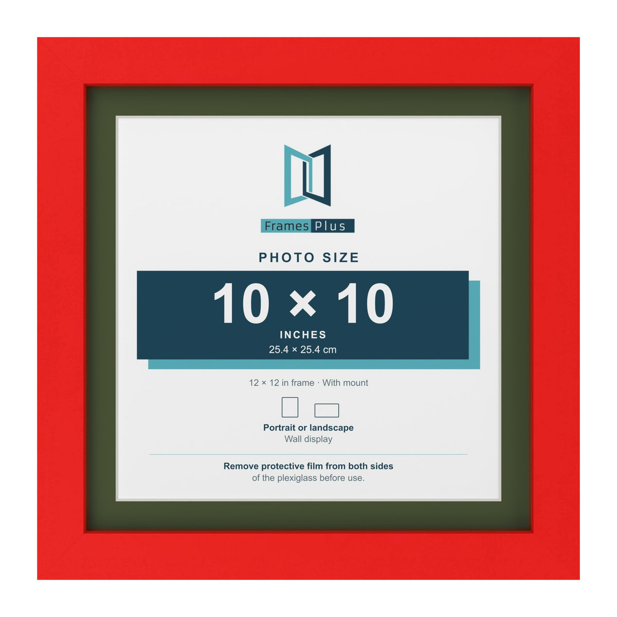 Red 12 x 12 inch picture frame with a green mount for a 10 x 10 inch photo