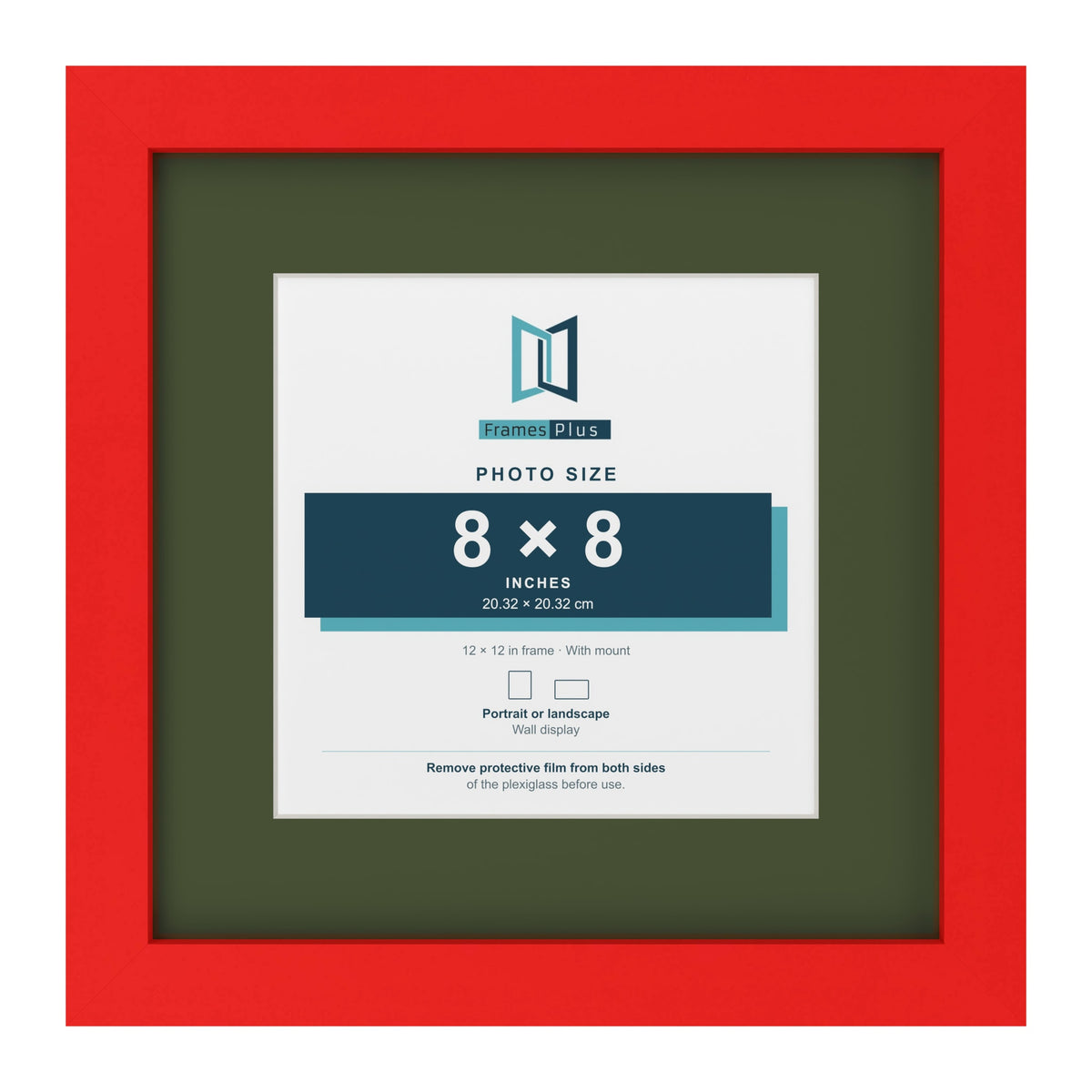 Red 12 x 12 inch picture frame with a green mount for an 8 x 8 inch photo