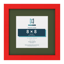 Red 12 x 12 inch picture frame with a green mount for an 8 x 8 inch photo
