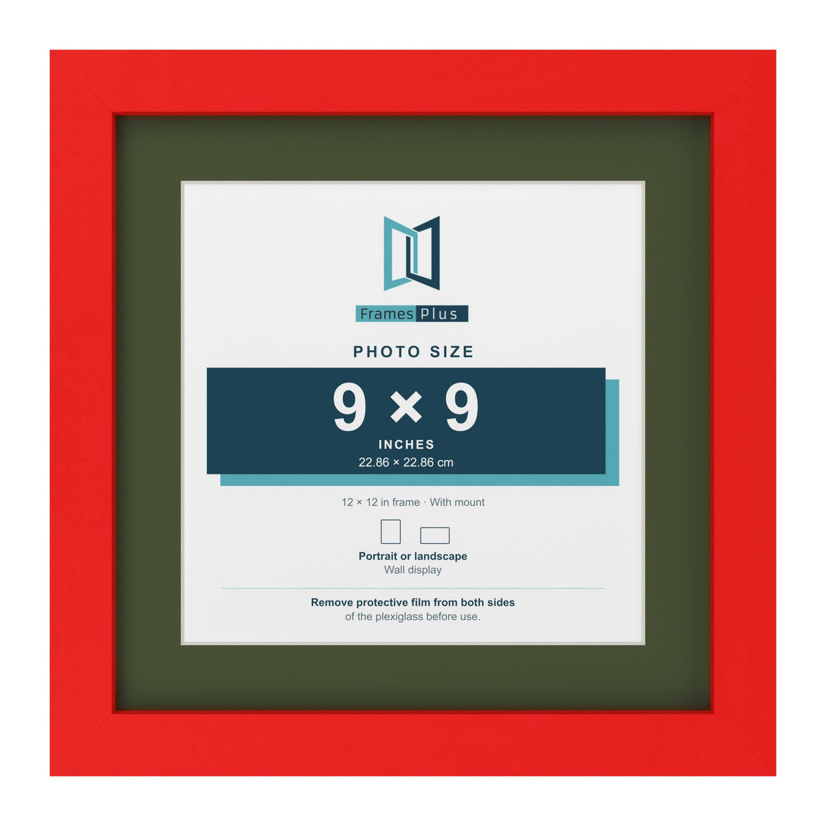 Red 12 x 12 inch picture frame with a green mount for a 9 x 9 inch photo
