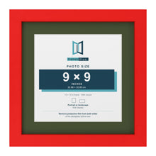Red 12 x 12 inch picture frame with a green mount for a 9 x 9 inch photo