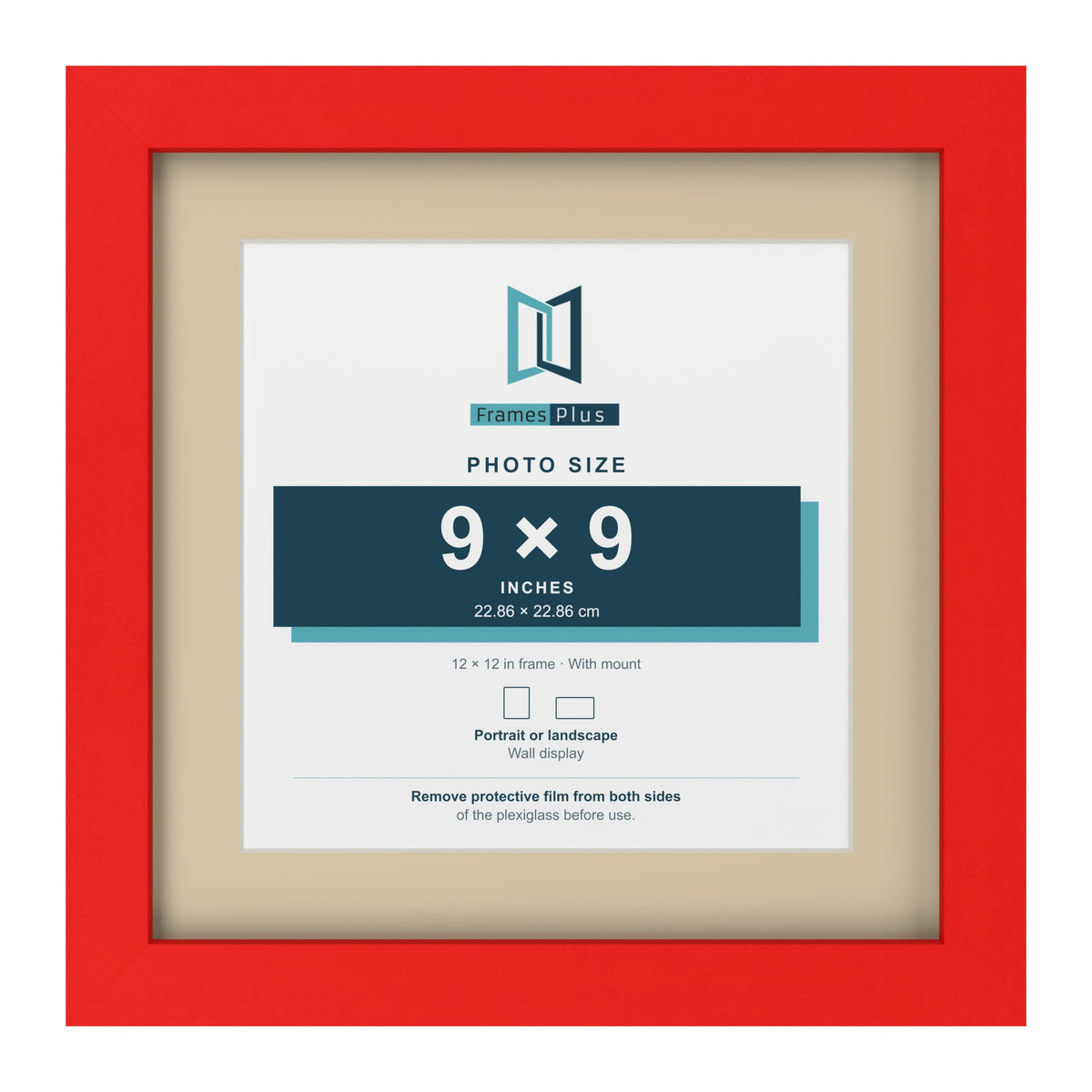 Red 12 x 12 inch picture frame with an ivory mount for a 9 x 9 inch photo