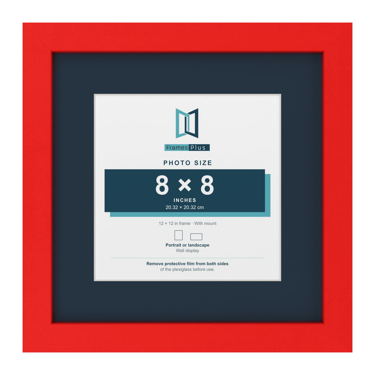 Red 12 x 12 inch picture frame with a Pacific Blue mount for an 8 x 8 inch photo
