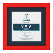 Red 12 x 12 inch picture frame with a Pacific Blue mount for a 9 x 9 inch photo