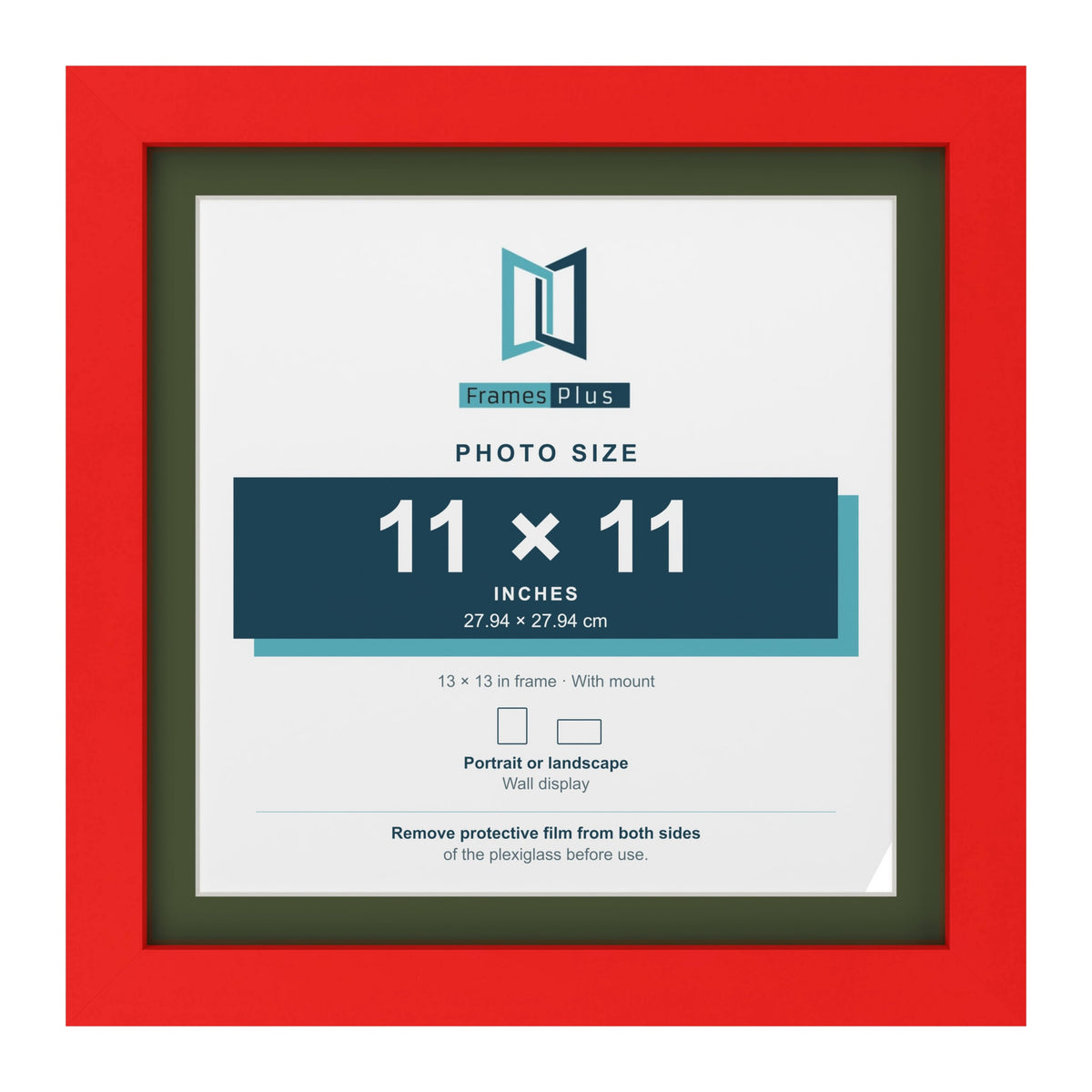 Red 13 x 13 inch picture frame with a green mount for an 11 x 11 inch photo