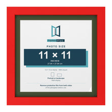 Red 13 x 13 inch picture frame with a green mount for an 11 x 11 inch photo