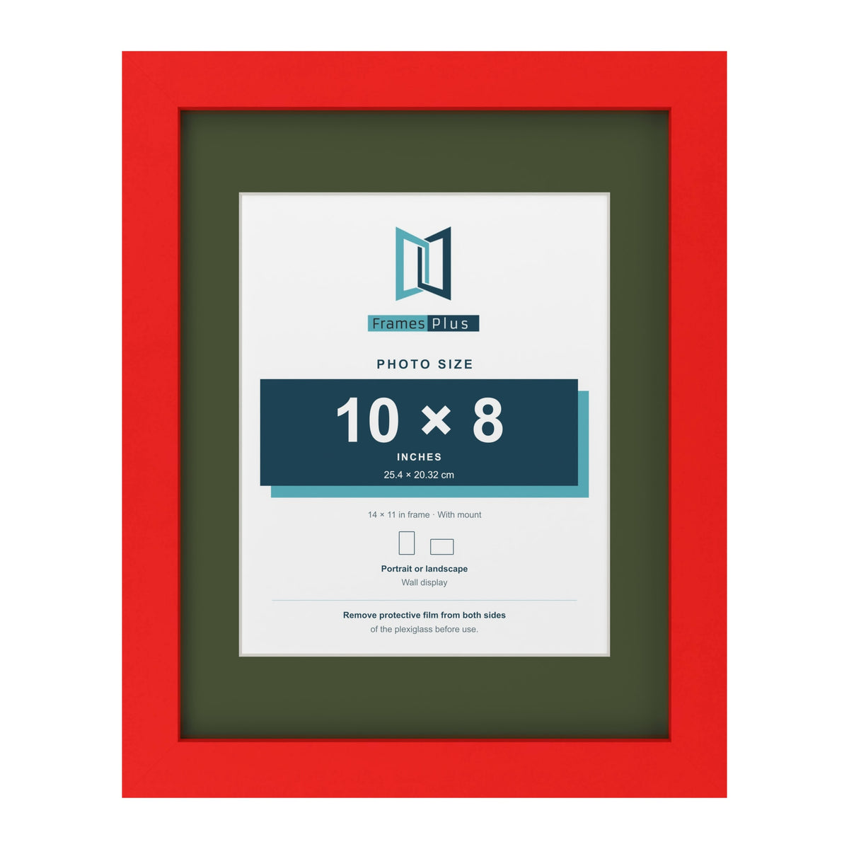 Red 14 x 11 inch picture frame with a green mount for a 10 x 8 inch photo