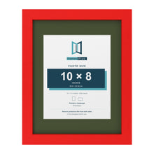 Red 14 x 11 inch picture frame with a green mount for a 10 x 8 inch photo