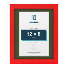 Red 14 x 11 inch picture frame with a green mount for a 12 x 8 inch photo