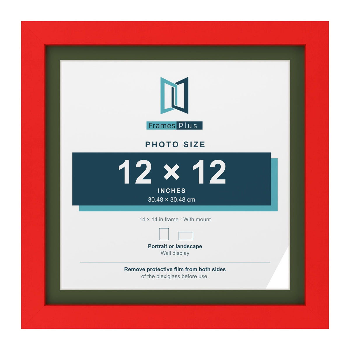 Red 14 x 14 inch picture frame with a green mount for a 12 x 12 inch photo