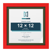 Red 14 x 14 inch picture frame with a green mount for a 12 x 12 inch photo