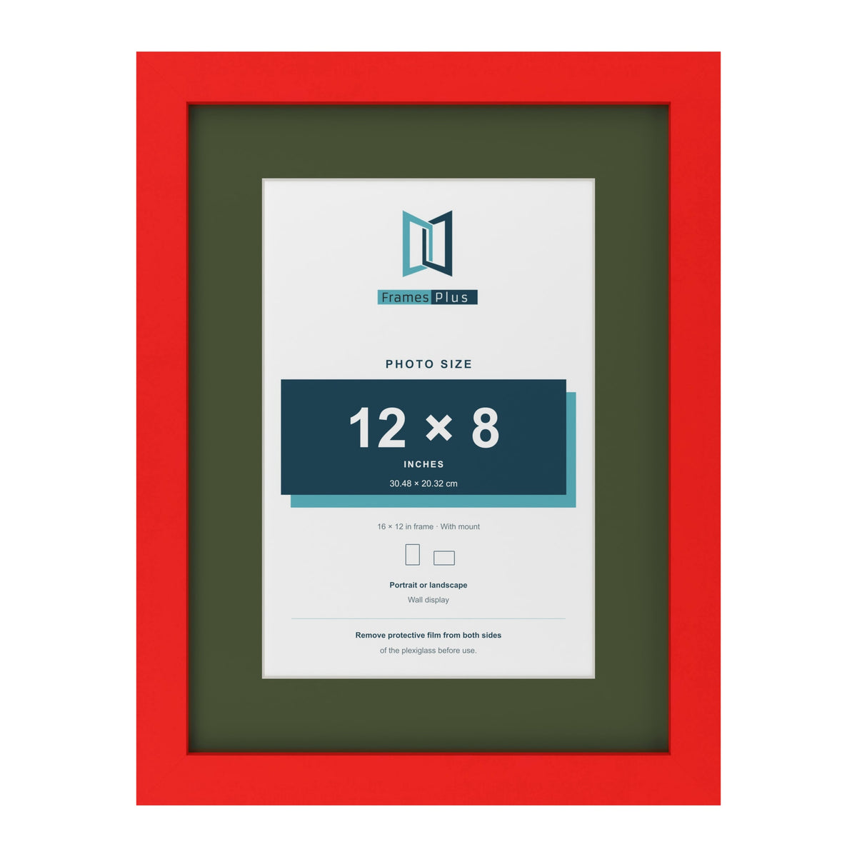 Red 16 x 12 inch picture frame with a green mount for a 12 x 8 inch photo
