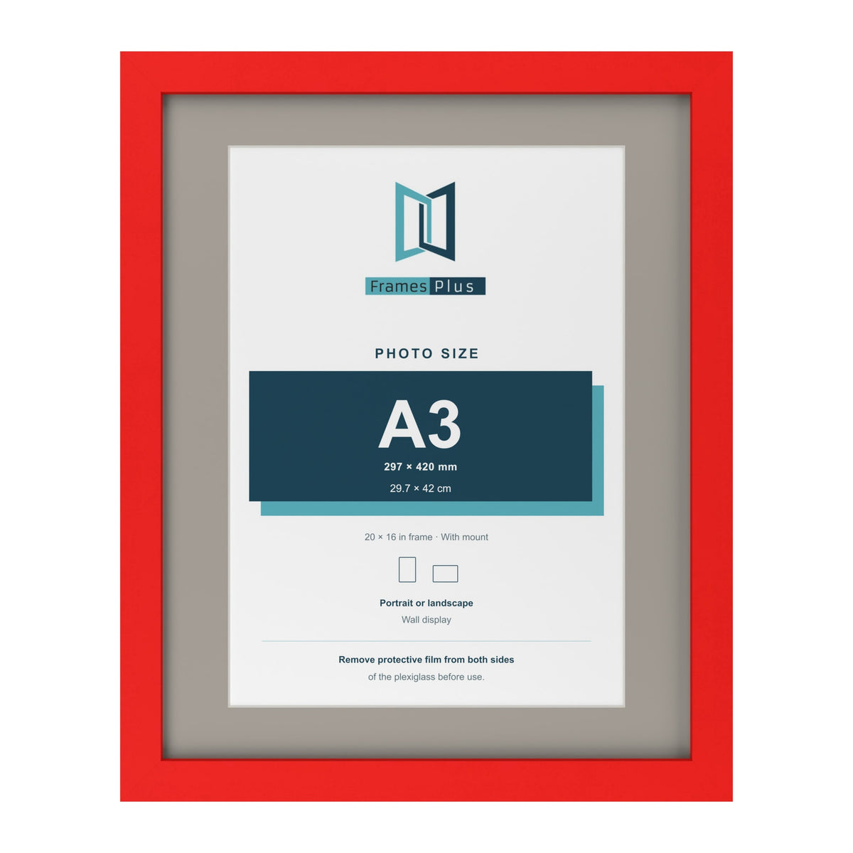 Red 20 x 16 inch picture frame with a Dawn Grey mount for an A3 photo