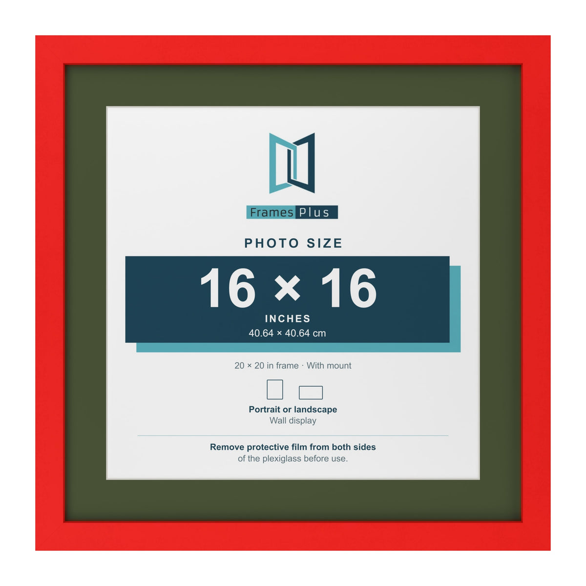 Red 20 x 20 inch picture frame with a green mount for a 16 x 16 inch photo