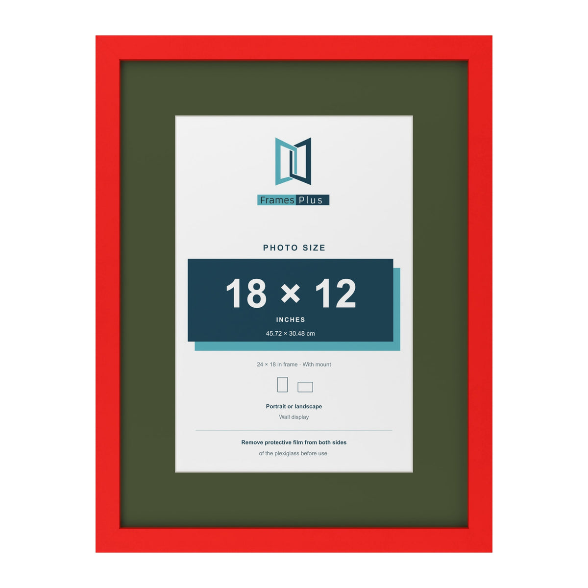 Red 24 x 18 inch picture frame with a green mount for an 18 x 12 inch photo