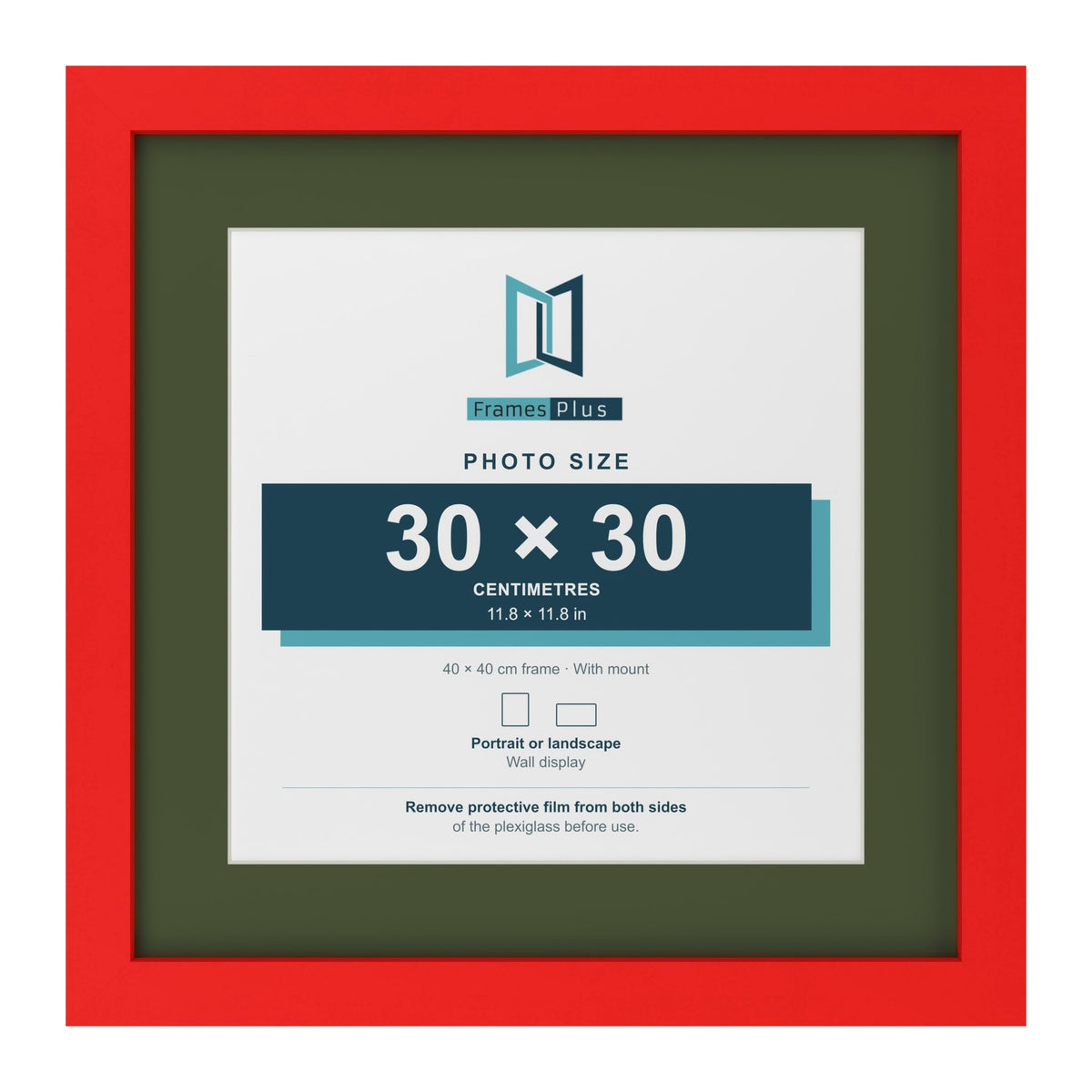 Red 40 x 40 cm picture frame with a green mount for a 30 x 30 cm photo