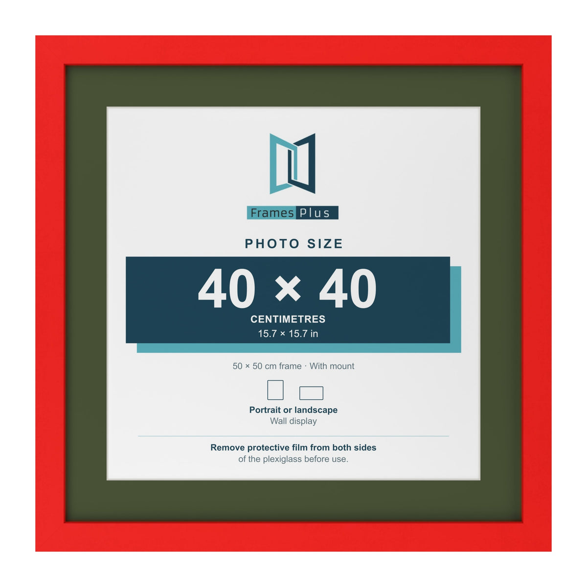 Red 50 x 50 cm picture frame with a green mount for a 40 x 40 cm photo